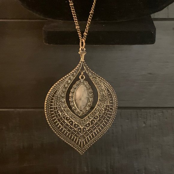 Boho Filigree and Stone Pendant Necklace - Picture 3 of 5